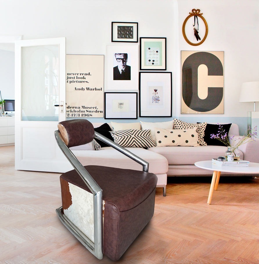 fauteuil design tubulaire en inox avec peau de vache Royal Art Palace